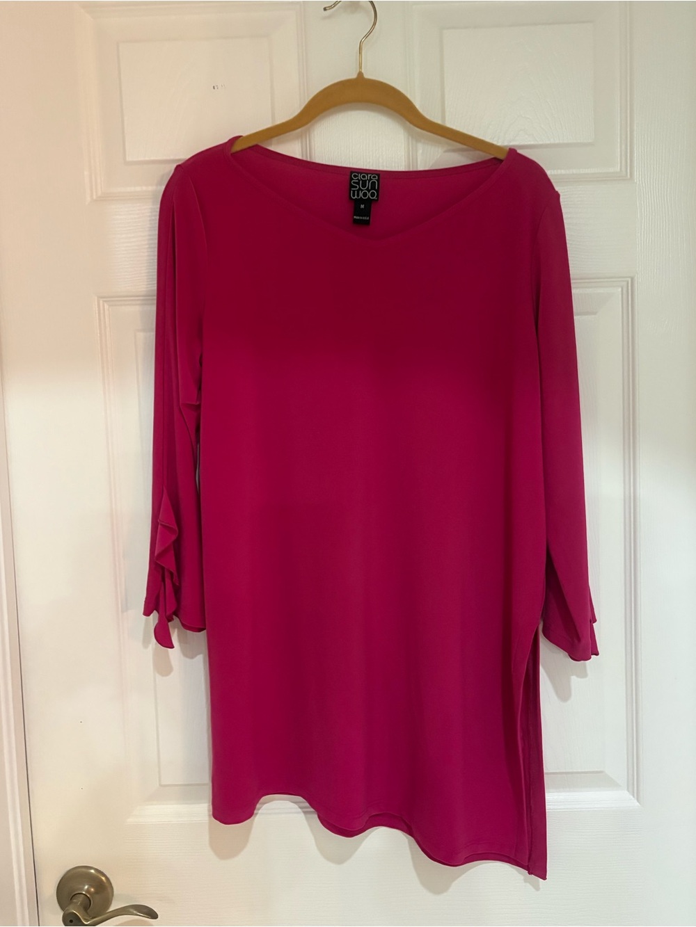 Clara Sunwoo Women's Fuchsia 3/4 Sleeve Tunic Top with Ruffle Detail—Medium
